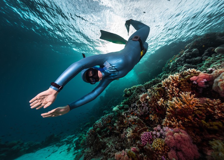 A person diving underwater