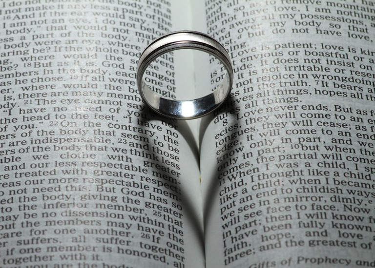 A wedding ring on a Bible