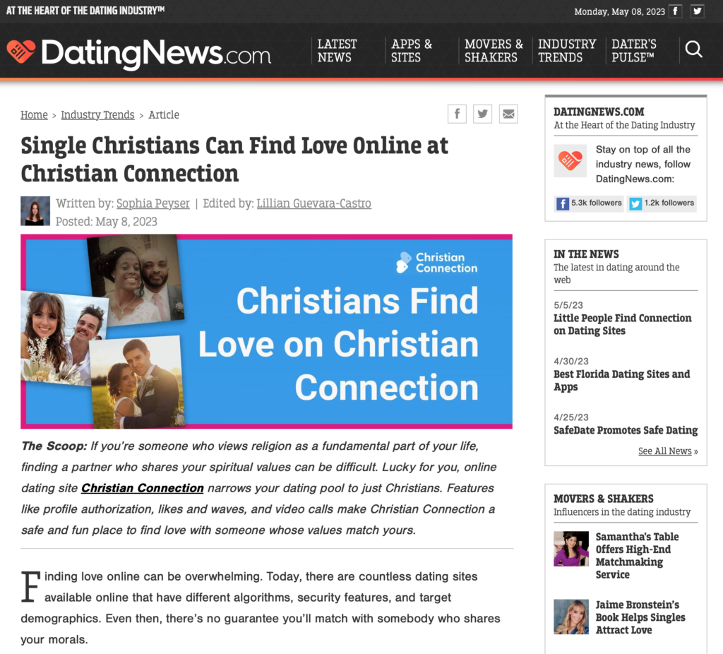Screenshot of the featured Christian Connection article on DatingNews.com