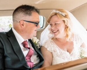 Karen and Simon, who met on Christian Connection, on their wedding day